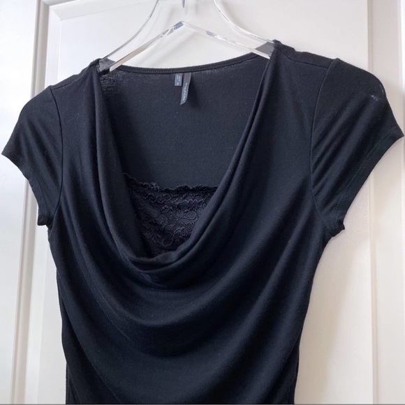 WOMENS BLACK LACE COWL NECK SHORT SLEEVE RUCHED BLOUSE SIZE MEDIUM - Picture 2 of 5